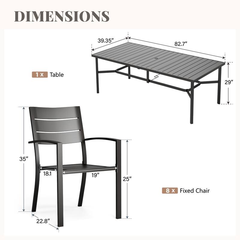 MAISON ARTS 9 Pieces Outdoor Patio Dining Set for 8, Metal Steel Table with Umbrella Hole & Stackable Chairs