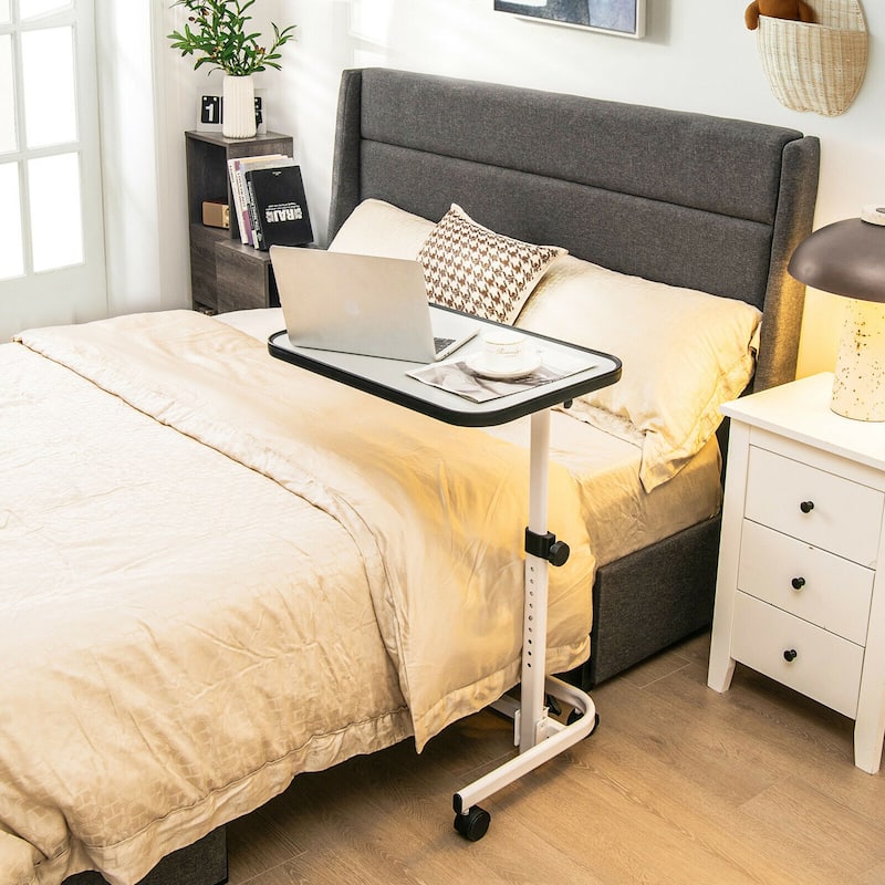 Gymax Overbed Bedside Table Universal Wheels Adjustable Tilt Top