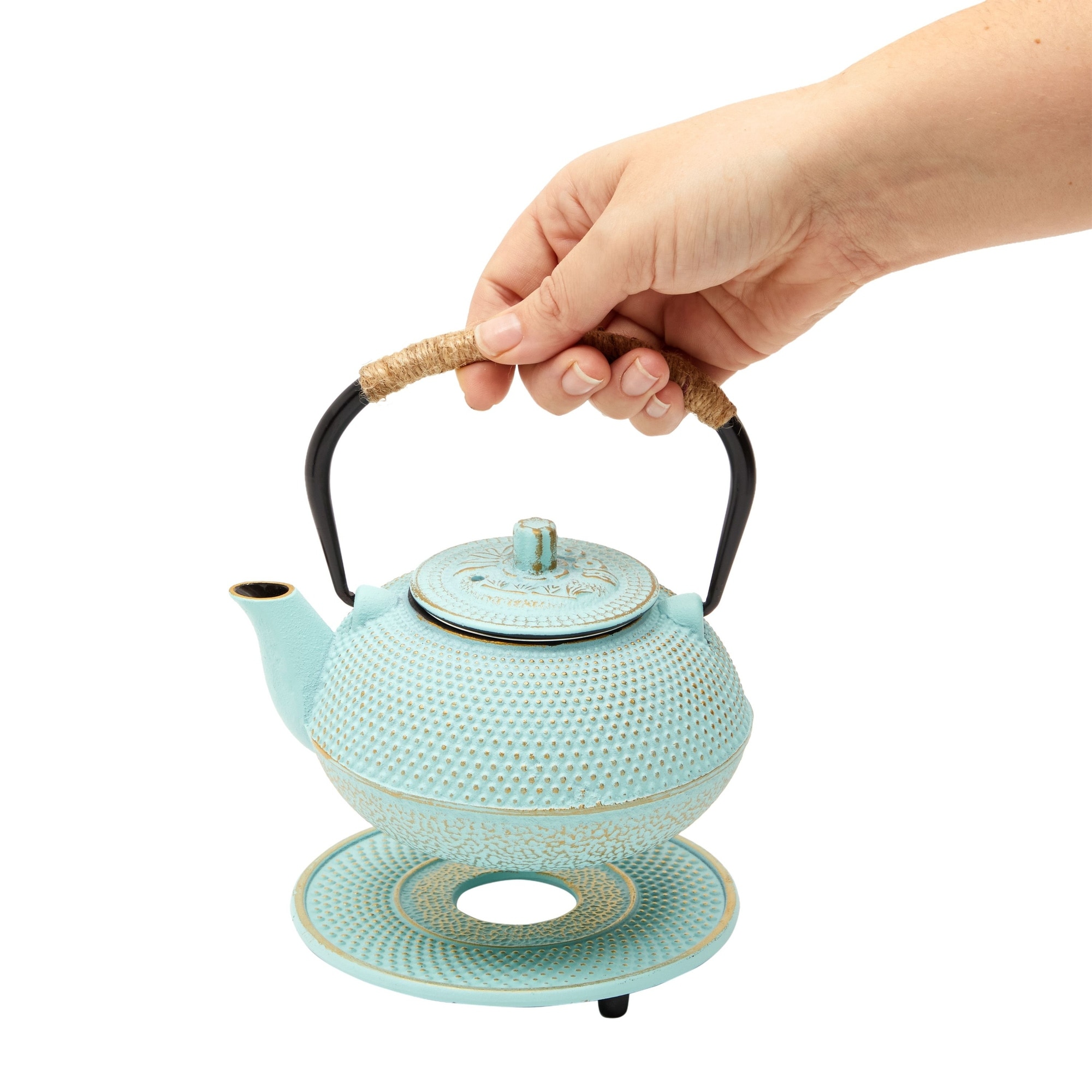 3 Piece Set Green Japanese Cast Iron Teapot Loose Leaf Tetsubin with Infuser and Trivet 18.5 oz