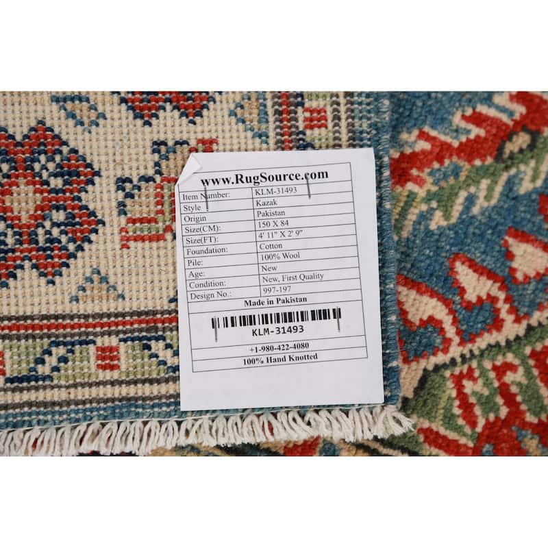 Blue Geometric Kazak Oriental Foyer Rug Handmade Wool Carpet - 2'9"x 4'11"