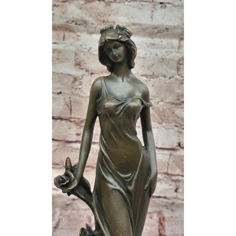 Bronze Lady With Roses Figurine – Art Nouveau Style Sculpture On Marble Base By Kin