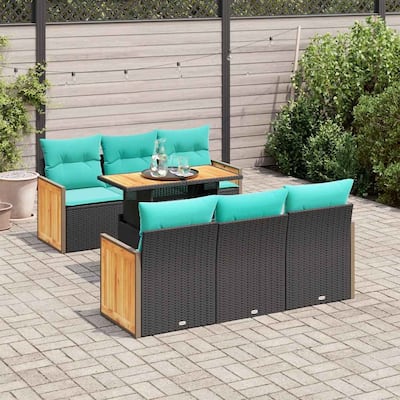 vidaXL Patio Sofa Set with Cushions Outdoor Seating 7 Piece Poly Rattan Acacia - 21.7 x 24.4 x 27.2