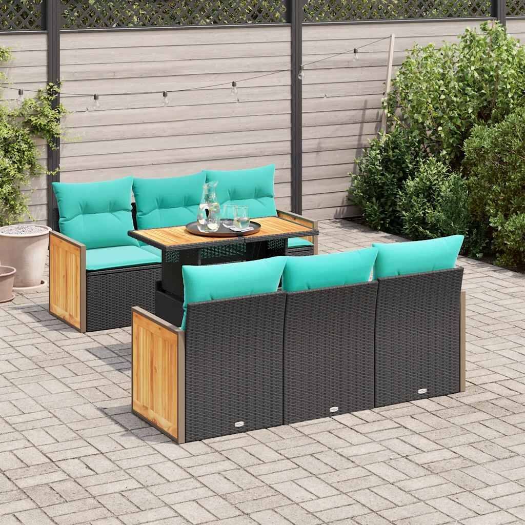 vidaXL Patio Sofa Set with Cushions Outdoor Seating 7 Piece Poly Rattan Acacia - 21.7 x 24.4 x 27.2