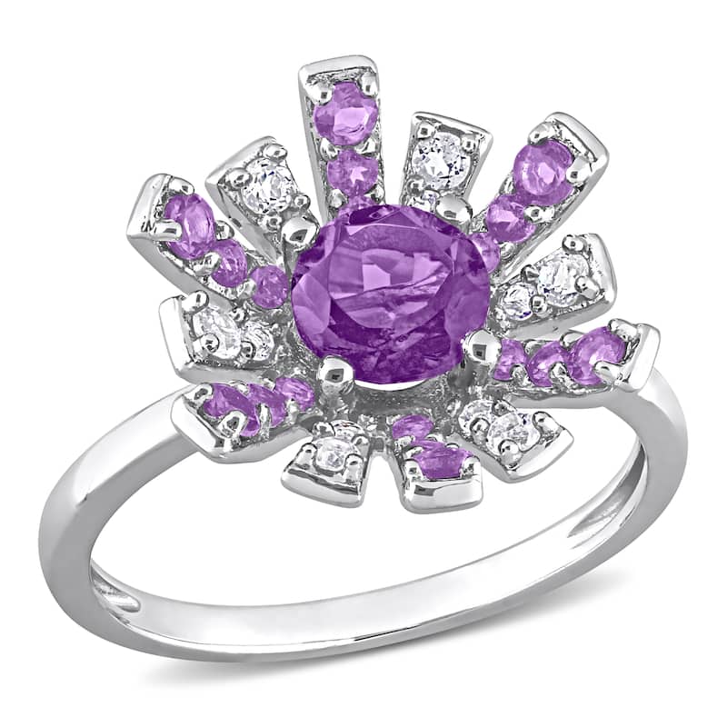 Miadora African Amethyst and White Topaz Floral Cluster Ring in Sterling Silver