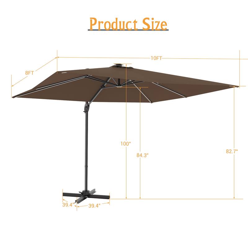 LIVOOSUN 10x8ft LED Rectangle Cantilever Umbrella Patio Offset Umbrella For Outdoor Space, Solution-Dyed Fabric, 360° Rotation