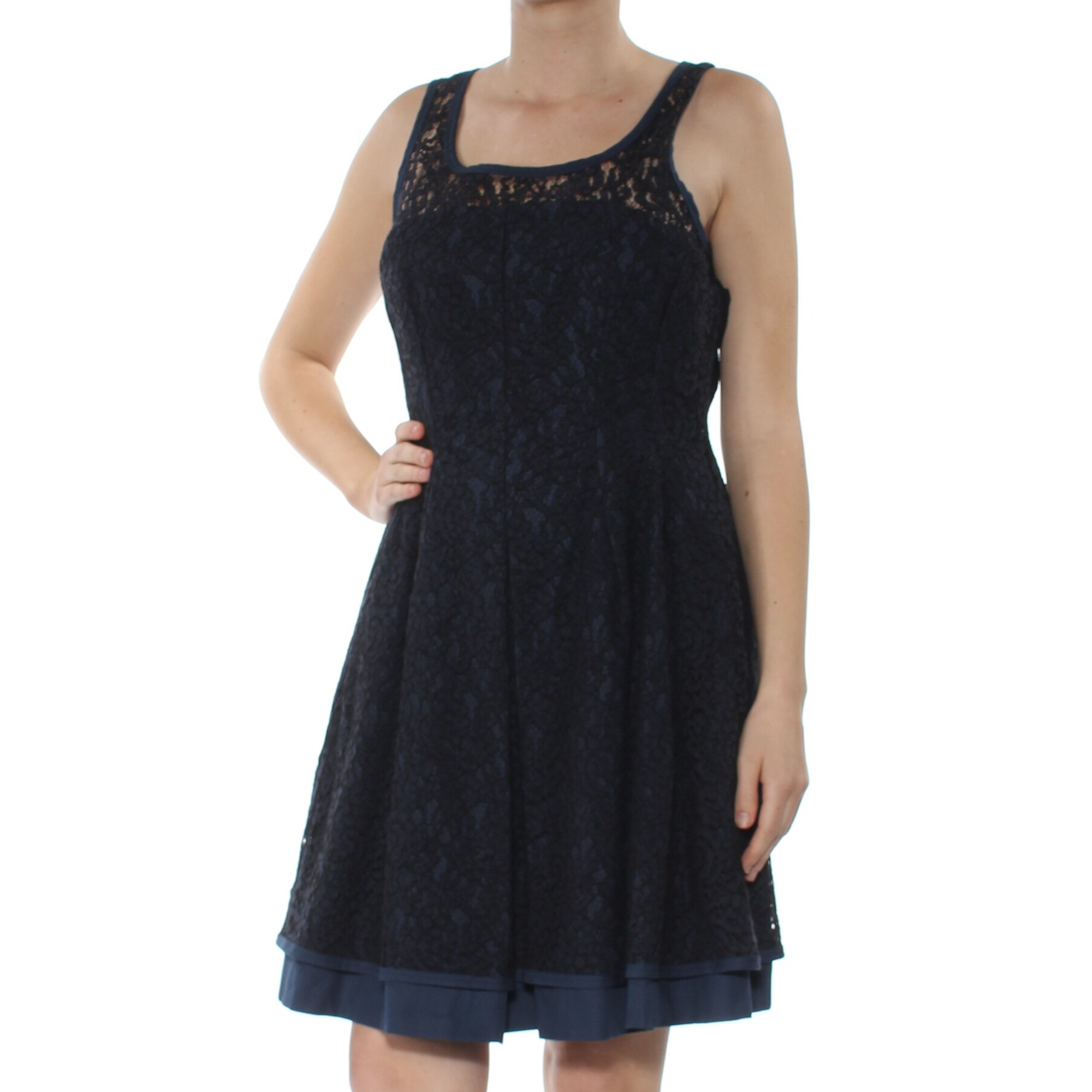 navy lace knee length dress