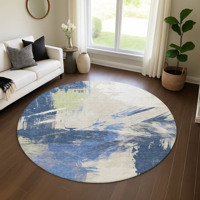 Premium Washable Super Soft Modern Brushstrokes Mayfield Rug - Navy - 8' x 8'