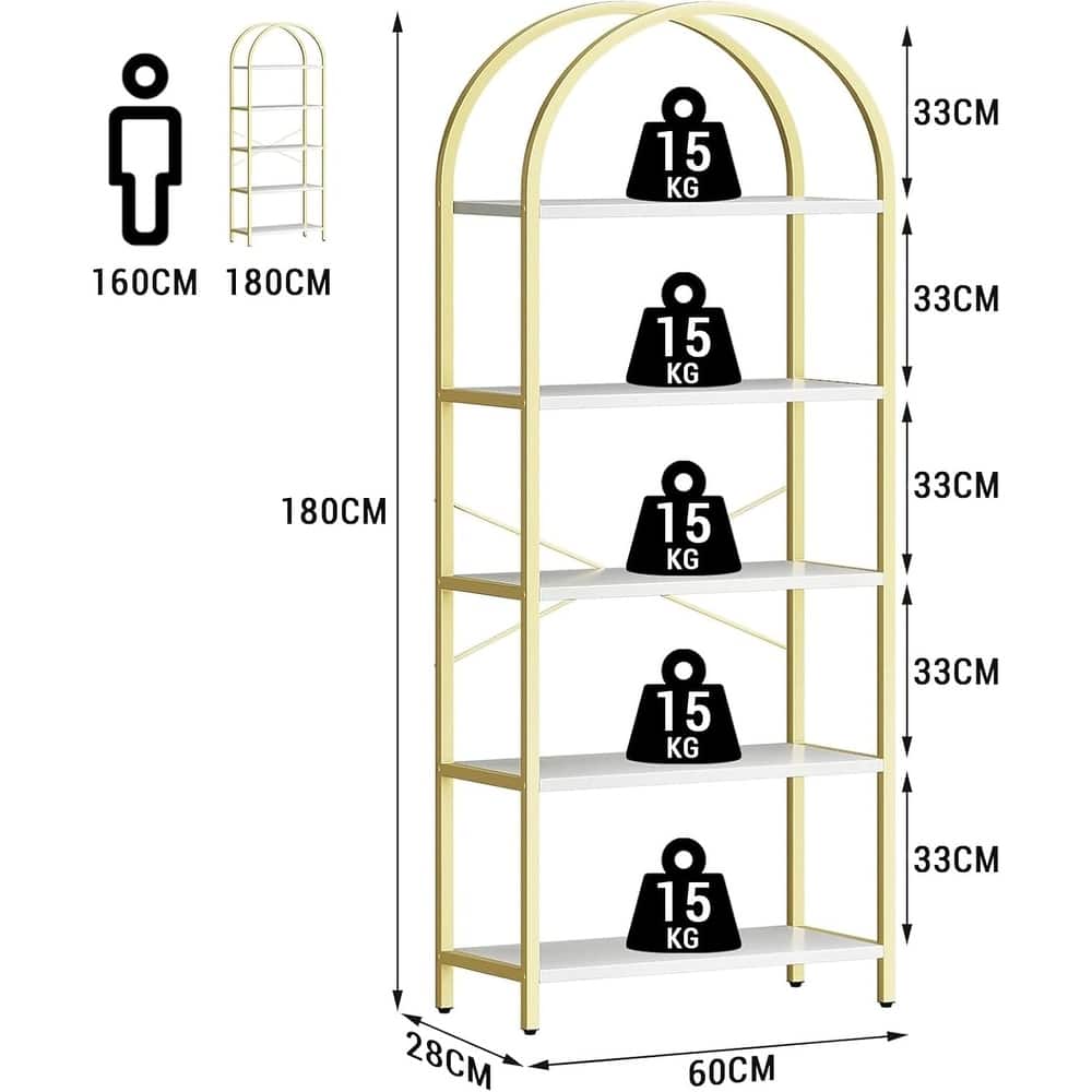 5-Tier Arched Bookshelf, Tall Wood Bookcase with Metal Frame, Modern Storage Rack for Living Room, Bedroom, or Home Office