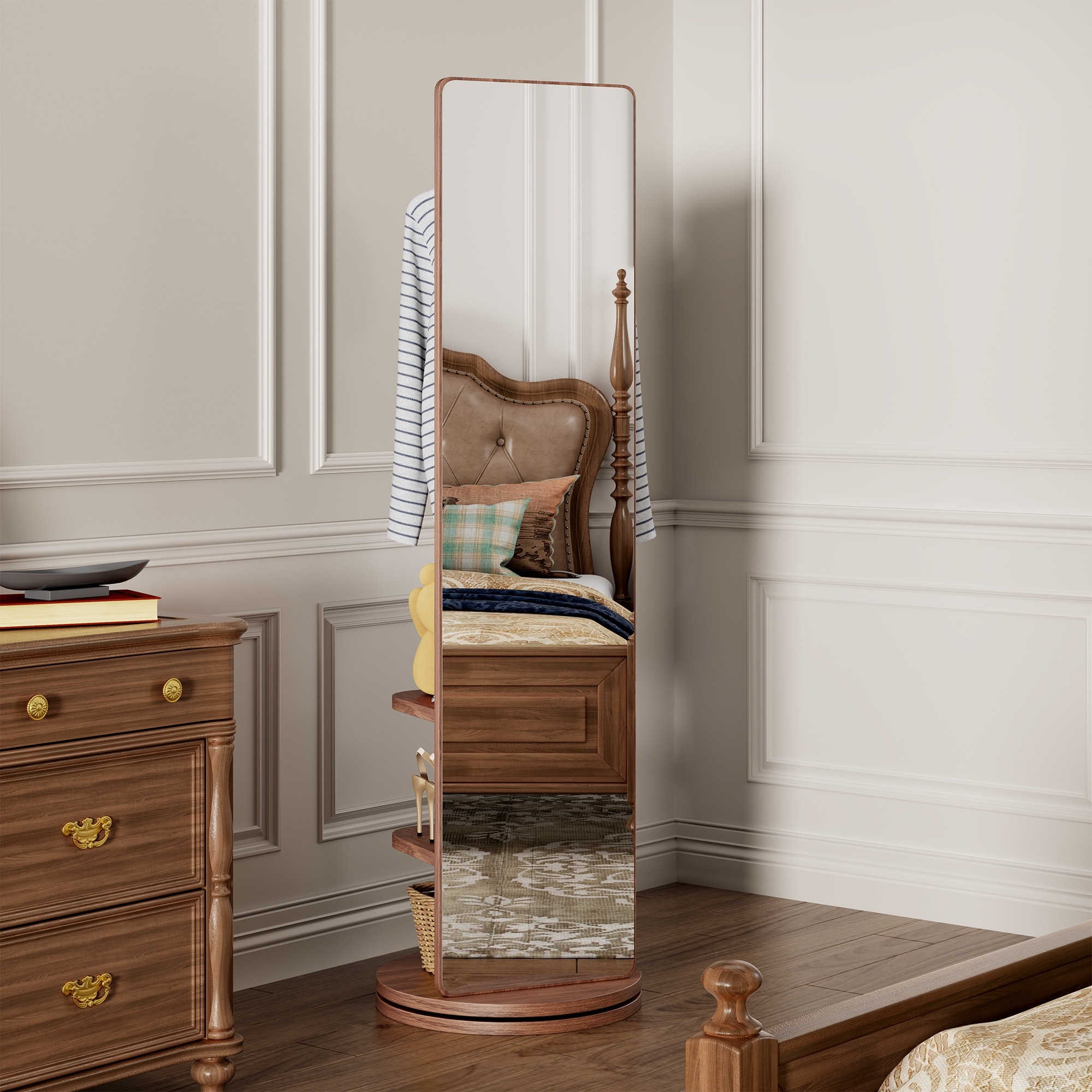 360° Rotating 66"x14" Multifunctional Full Length Mirror with Hook Storage Rack Coat Rack with Mirror Solid Wood Floor Mirror