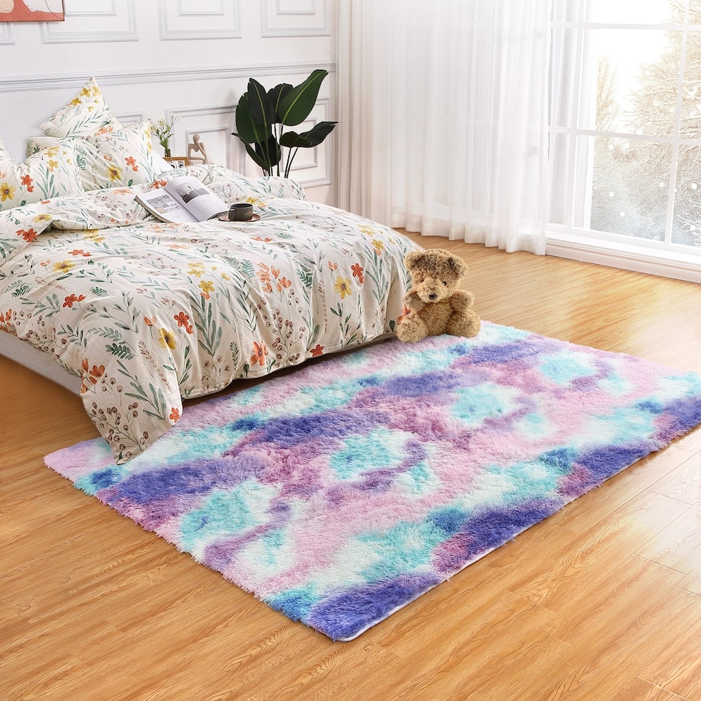 Fluffy Kids Rug for Girls Bedroom Carpets, Kawaii Colorful Tie Dye Fuzzy Rugs for Teens Dorm Shaggy Nursery Area Rug