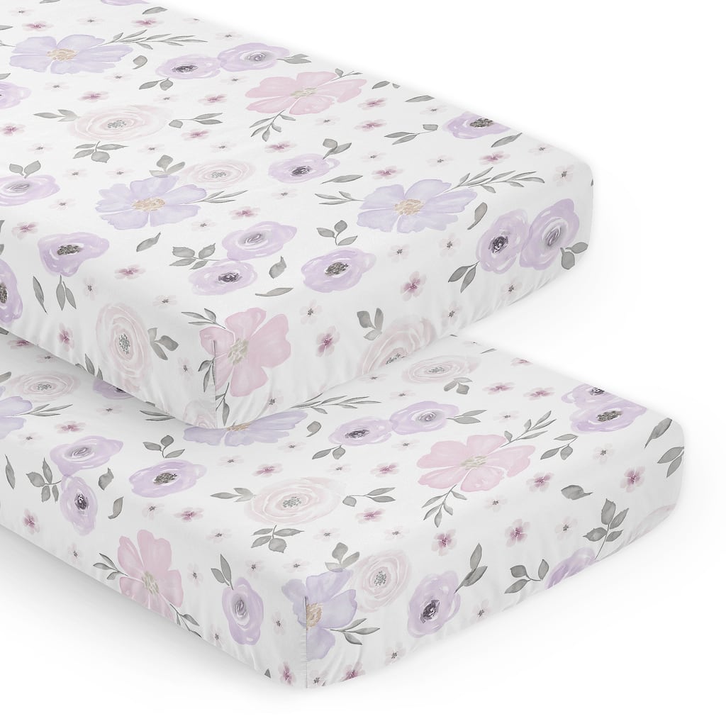 Watercolor Floral Lavender Purple Collection Baby Girl 2 Pack Fitted Crib Sheets Pink Grey White Bohemian Shabby Chic Flower