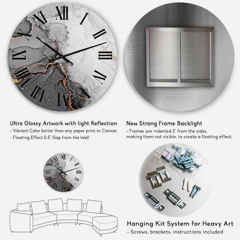 Designart 'Grey And Orange Marble Waves' Modern wall clock