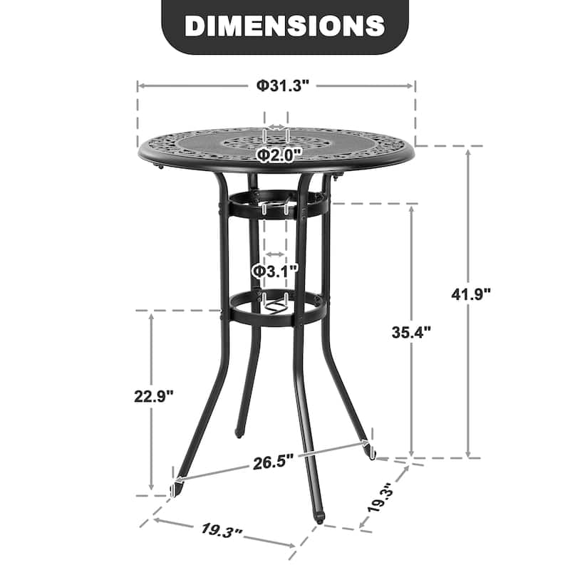 Outdoor 31'' Round Cast Aluminum Patio Bistro Table with Hollow Tabletop and Umbrella Hole, Black - 31'' Round