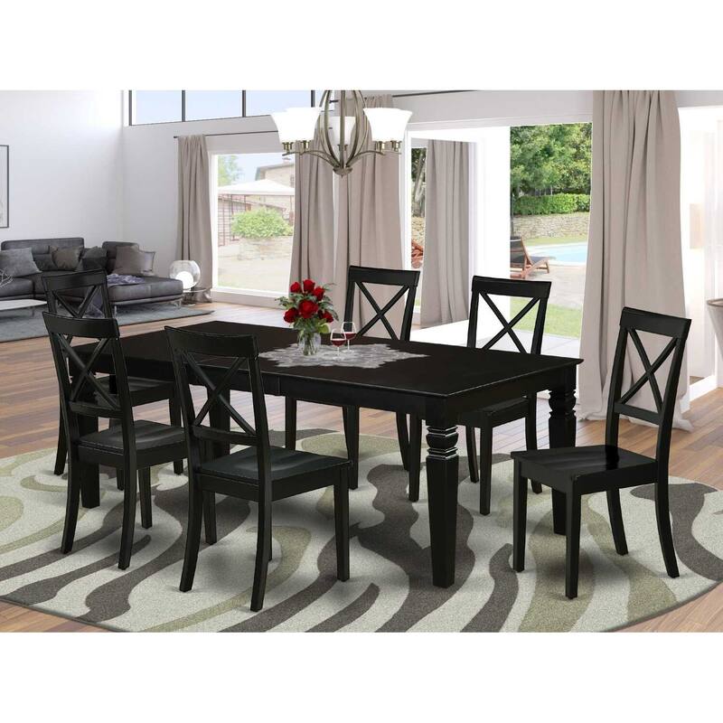 Rectangular Dining Table Set 7Pc 66/84 Inch Table w/ Butterfly Leaf & 6 Wood Chairs