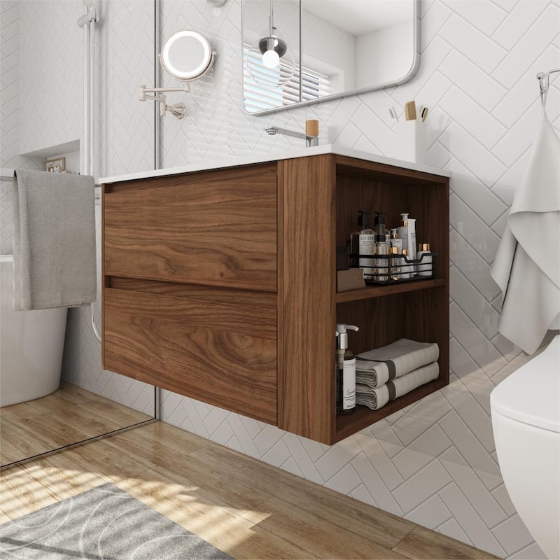 Bathroom Vanity With Sink In 30/36 Inch, Floating Bathroom Vanity With Soft Close Drawers and adjustable shelves - 29.8"W x 18.1"D x 19.4"H - Brown Oak