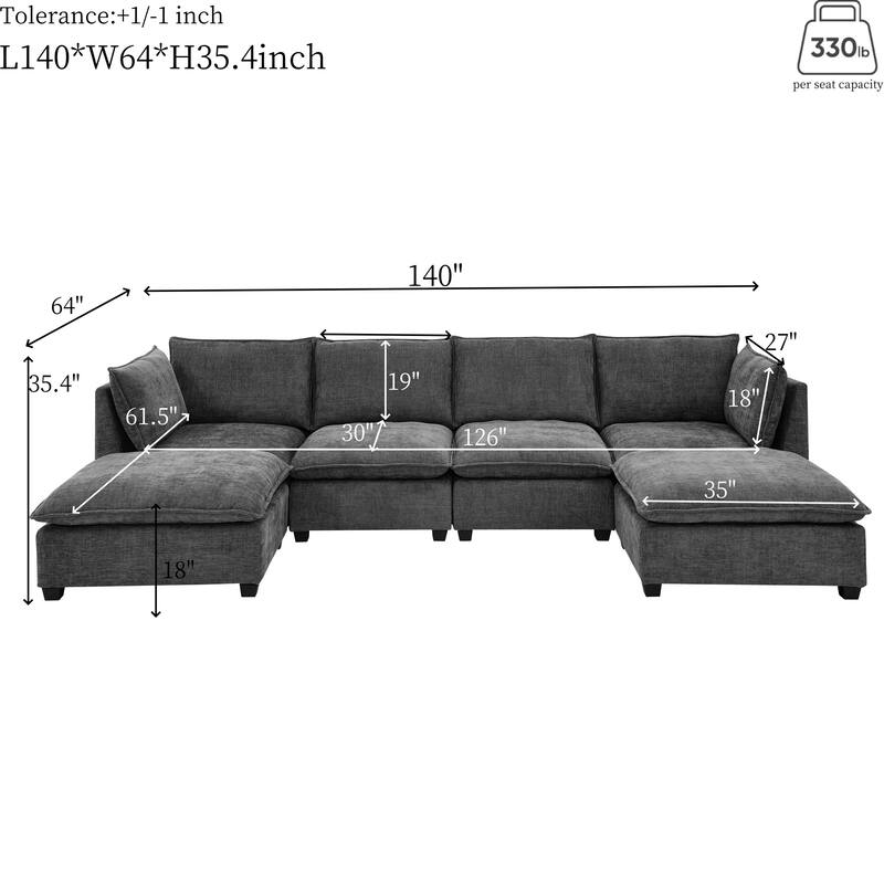 Chenille Upholstered Sectional Sofa with 2 Ottoman Chaise Lounge and Throw Pillows, Deep Seat Sleeper Cloud Couches, 4 Seat