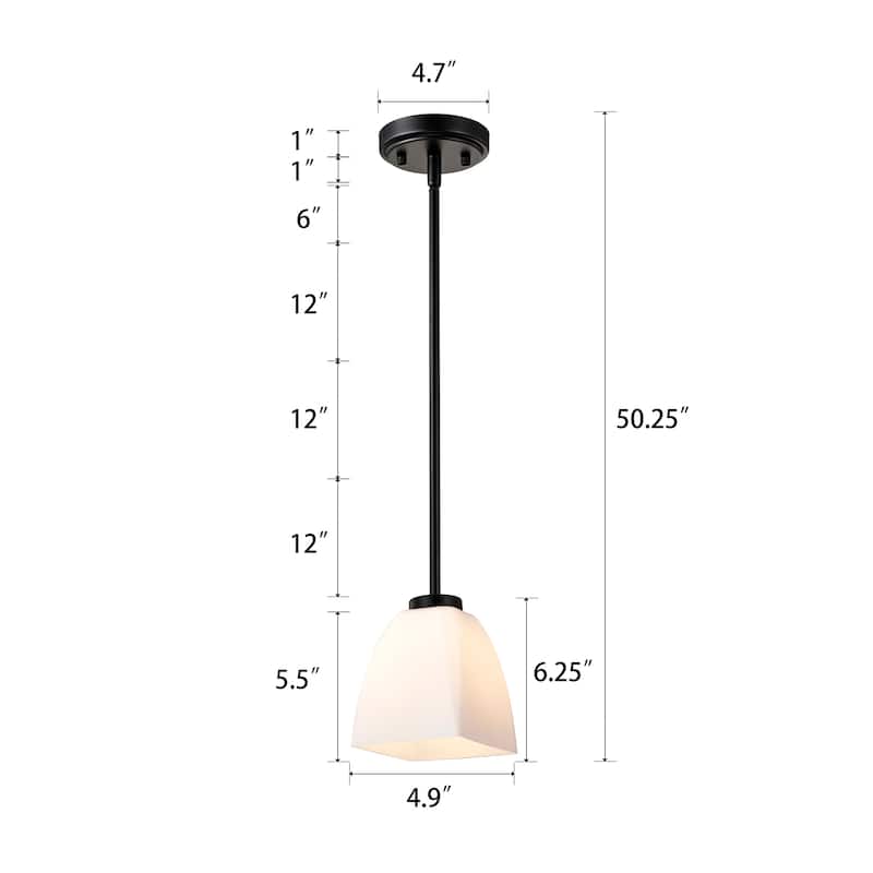 1-Light Matte Black Mini Pendant with Pyramid Shaped Etched White Glass Shade