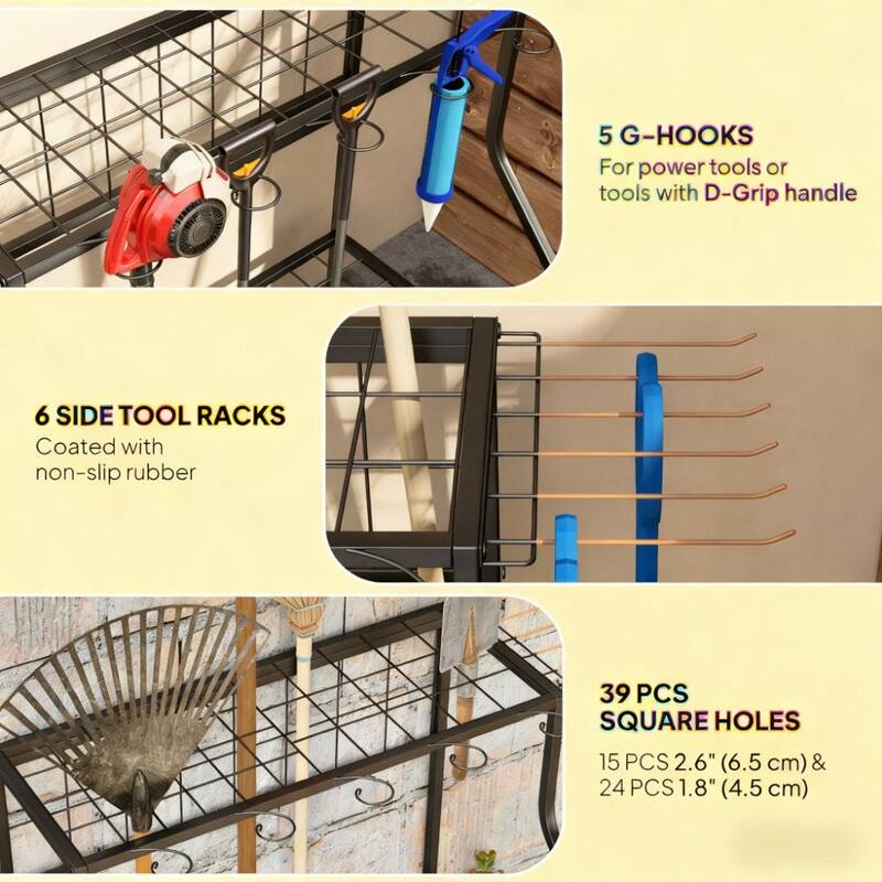 GDFStudio - Flint 3-Tier Multi-Purpose Metal Yard Tool Storage Rack with Hooks for Garage, Shed, & Outdoor Use - 33.1"