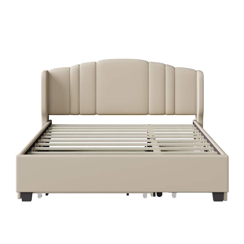 Queen Size Upholstered Bed Frame with Wingback Headboard Trundle and 2 Drawers, Center Support Legs Platform Bed Frame
