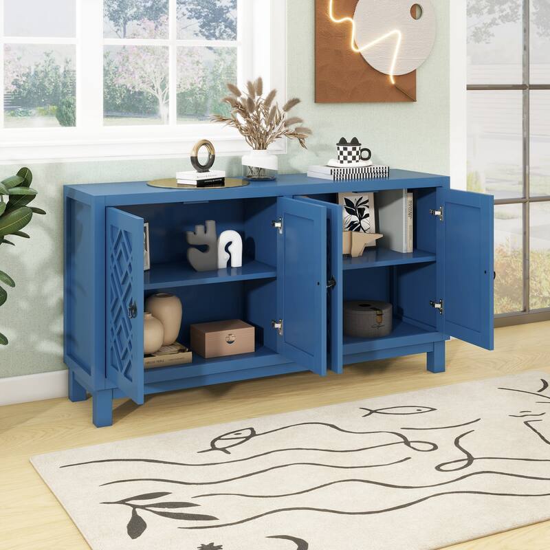 Large Storage Space Sideboard, 4 Door Buffet Cabinet with Pull Ring Handles