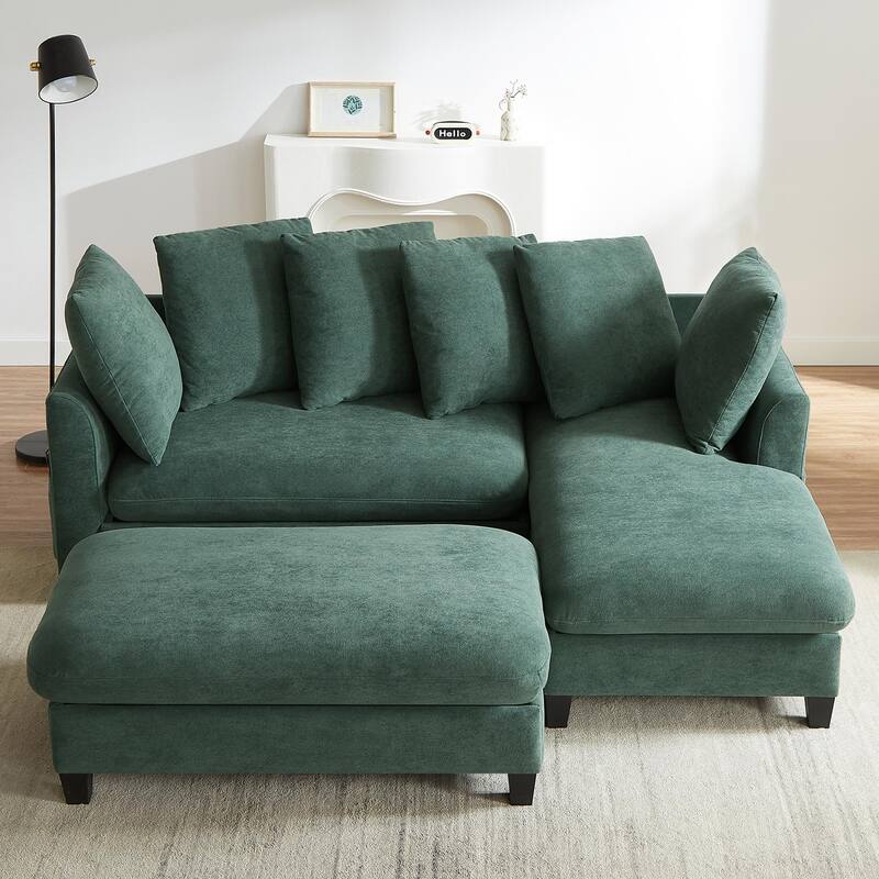 Chenille Sectional Sofa L-shaped Sofa with Movable Ottoman, Upholstered Sectional Sofa with 6 Throw Pillows, Bottom storage