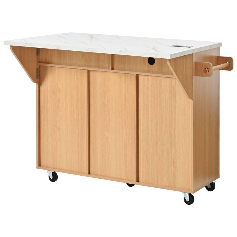52" Fluted Kitchen Island with Drop Leaf, Power Outlet, Kitchen Storage Cart with Adjustable Shelves, 2 Doors and 2 Drawers