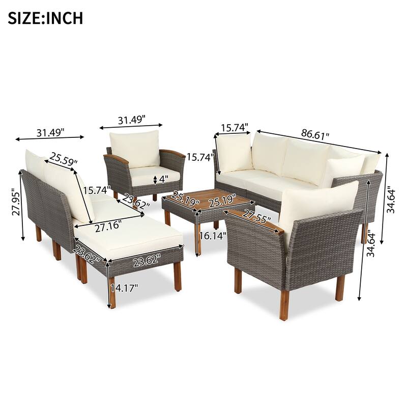 9-Piece Outdoor Rattan Sofa Set with Cushions and Coffee Table