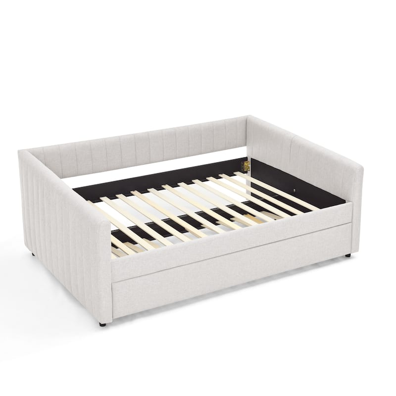 Full Size Daybed with Trundle Upholstered Sofa Bed, with Vertical Stripes, Linen Fabric, Beige (82.5"x58"x30")
