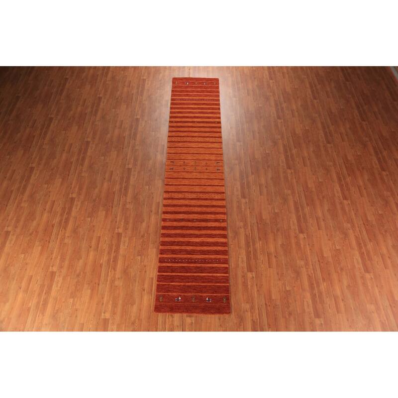 Striped Orange Gabbeh Oriental Runner Rug Hand-Knotted Wool Carpet - 2'7" x 13'0"