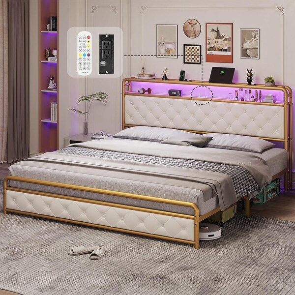 Bed Frame LED Light Headboard Platform Bed Frame Faux