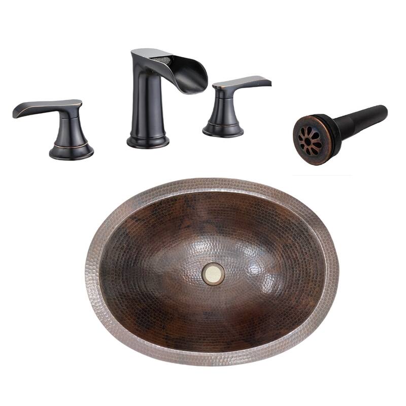 Rustic 19" Oval Copper Bath Sink with Widespread Faucet & Daisy Drain - 19" X 14" X 5