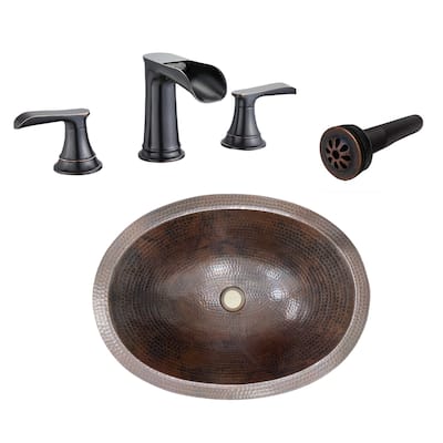 Rustic 19" Oval Copper Bath Sink with Widespread Faucet & Daisy Drain - 19" X 14" X 5