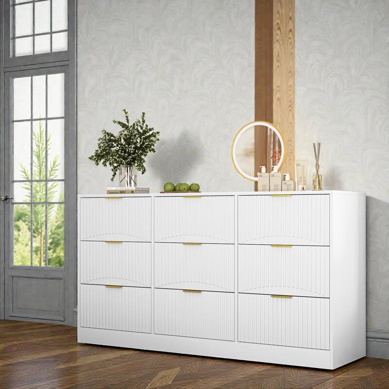 Modern 9 Drawer Dresser with Wavy Drawer Fronts, 63 Inch Wide Wooden Chest of Drawers for Bedroom Living Room