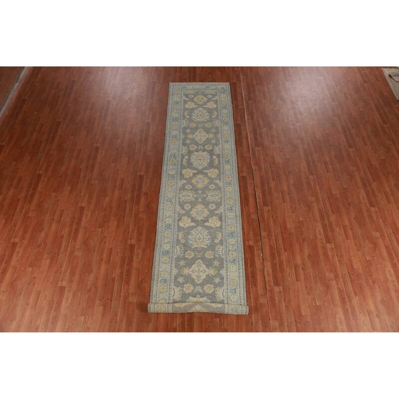 Hand Knotted Oriental 100% Wool Carpet Transitional Floral Greys & Charcoal Oushak Runner Rug - 14' 7'' X 3' 4''