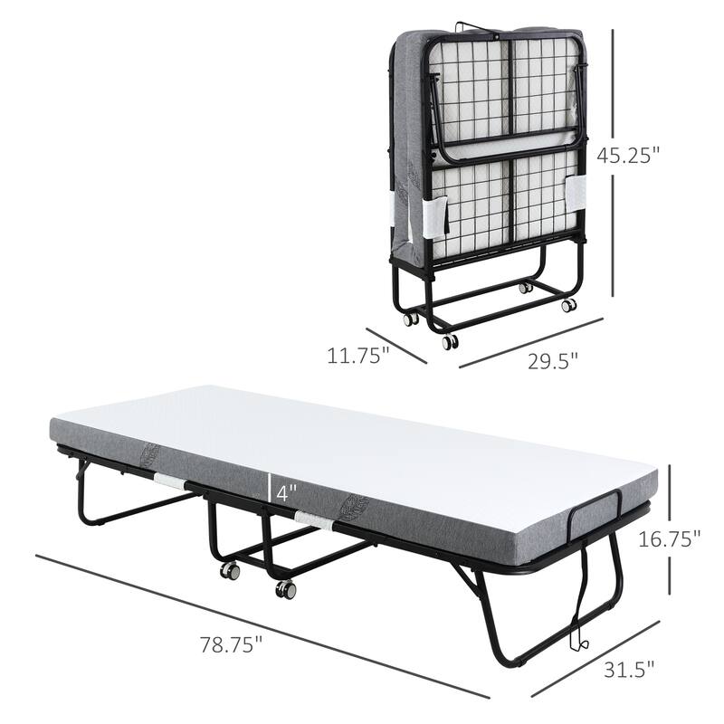 Twin Size Steel Foldable Bed with 4" Mattress and Wheels