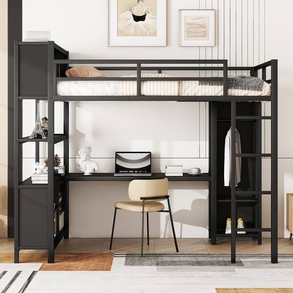 slide 2 of 18, Metal Loft Bed with Wardrobe And L-shaped Desk, Full Size Loft Bed with Storage Cubes and Shelves Black