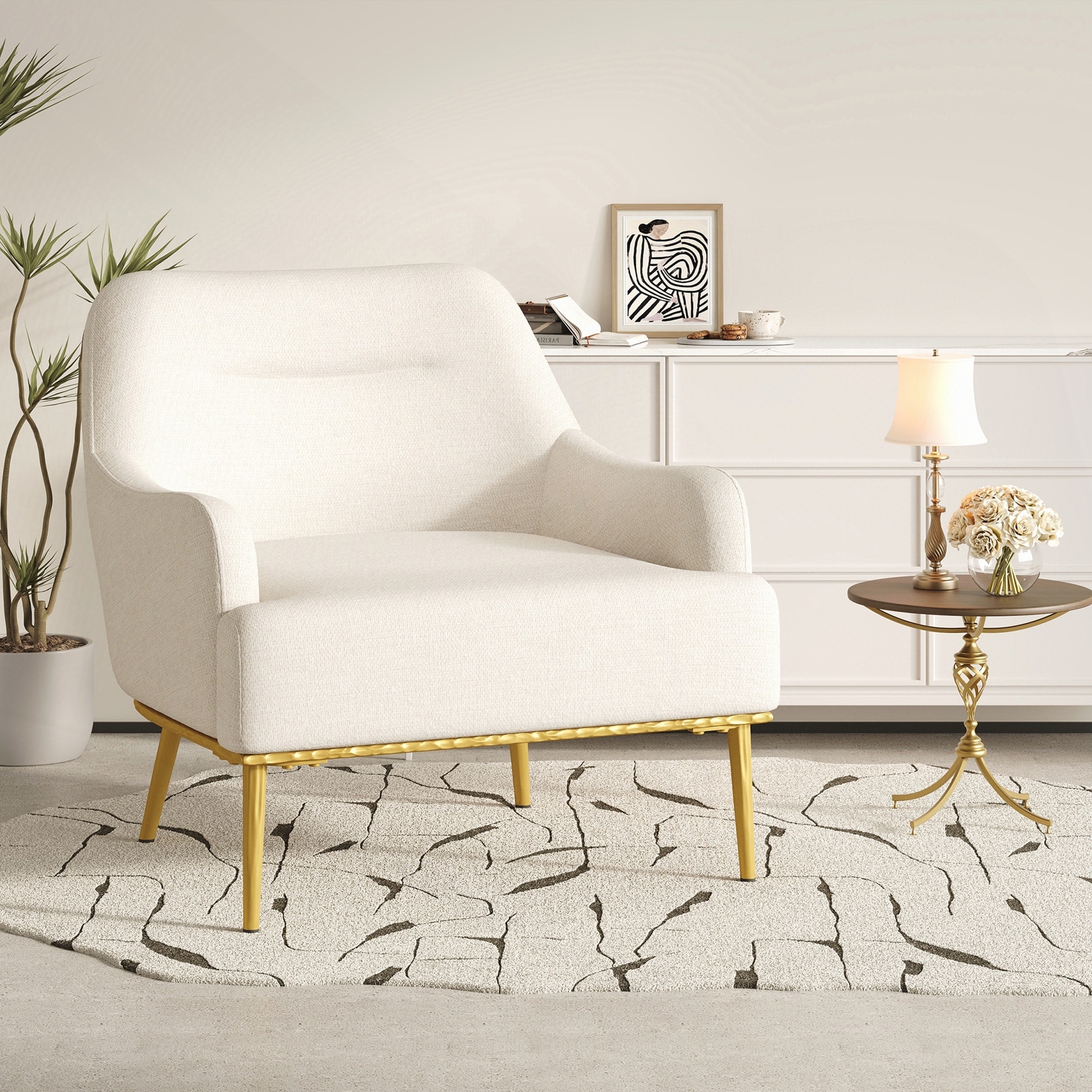 Modern Accent Chair Upholstered Armchair Single Sofa Chair with Curved Backrest and Gold Metal Legs