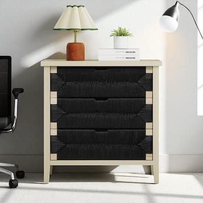 3-Drawer Buffet Sideboard Cabinet with Natural Rope Decor, Adjustable Shelves and Waterproof Top for Kitchen or Entryway