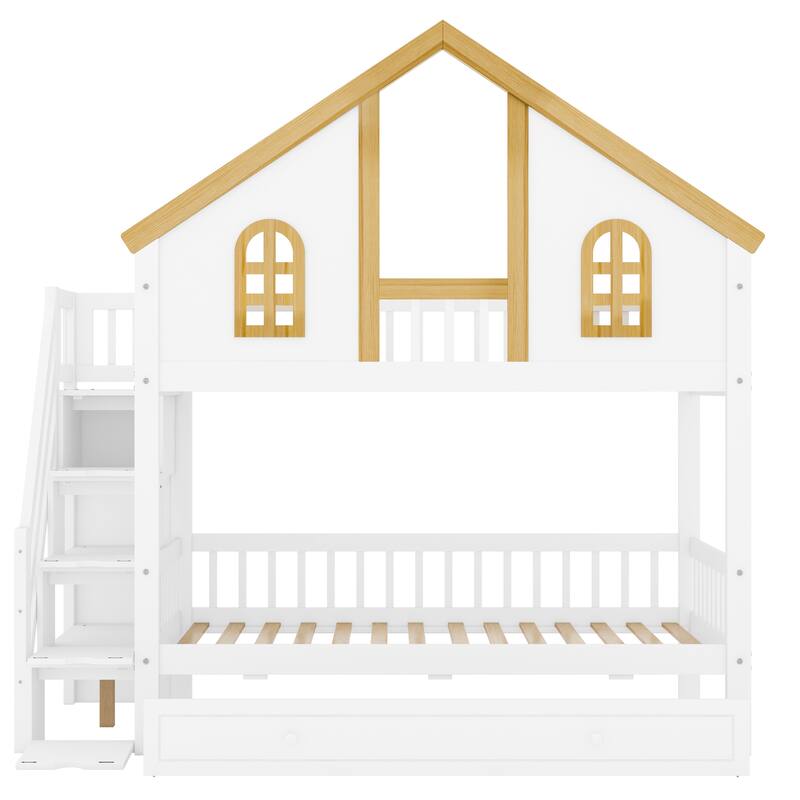 GDFStudio -DreamCottage Modern Wooden House Roof Bunk Bed with Storage Drawers and Staircase
