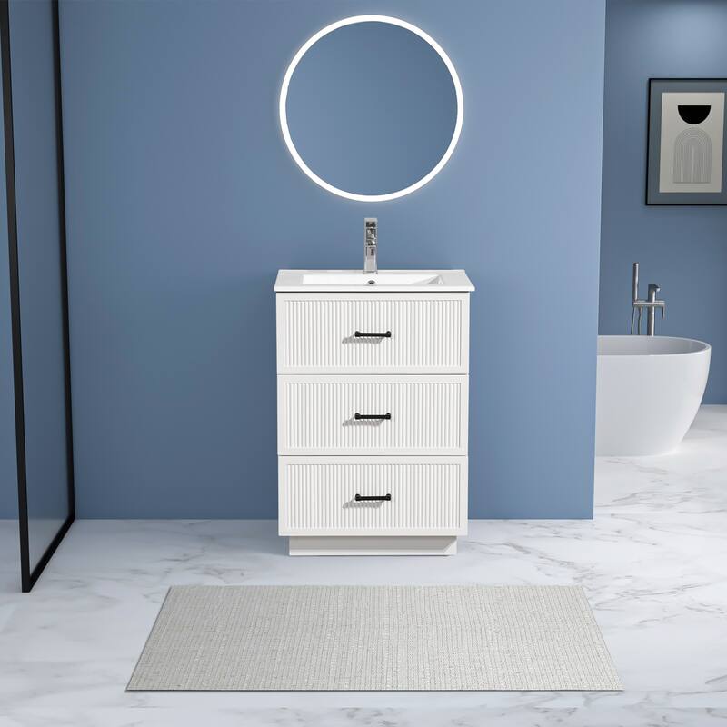 30" Freestanding Bathroom Vanity with Ceramic Sink and 2 Storage Drawers, Stylish Gray Floor Cabinet