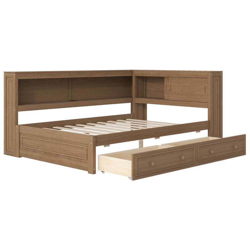 Full Size Wood Daybed with Storage Shelves, 2 Drawers, USB Ports & LED Lighting