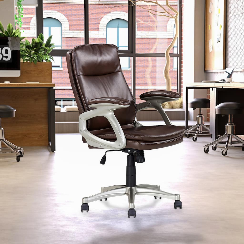 Brown Faux Leather Executive Swivel Office Chair with 360° Rotation, Ergonomic Design