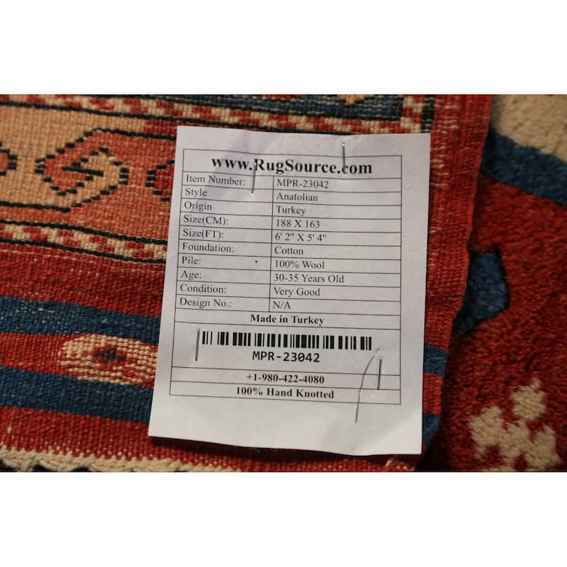 Geometric Anatolian Turkish Rug Handmade Wool Carpet - 5'4" x 6'2"