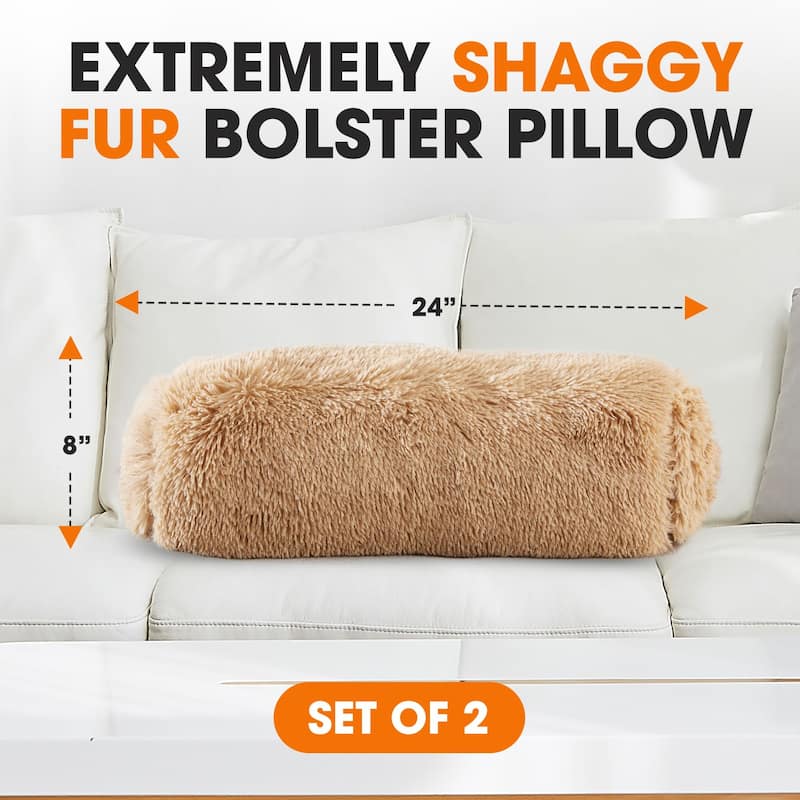 Cheer Collection 8" x 24" Set of 2 Shaggy Long Hair Bolster Pillows
