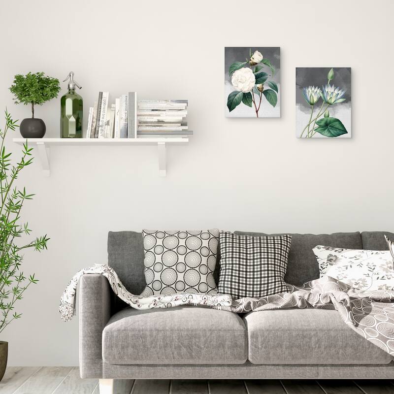 Blue Lotus & White Common Camellia Grey Canvas Art Prints