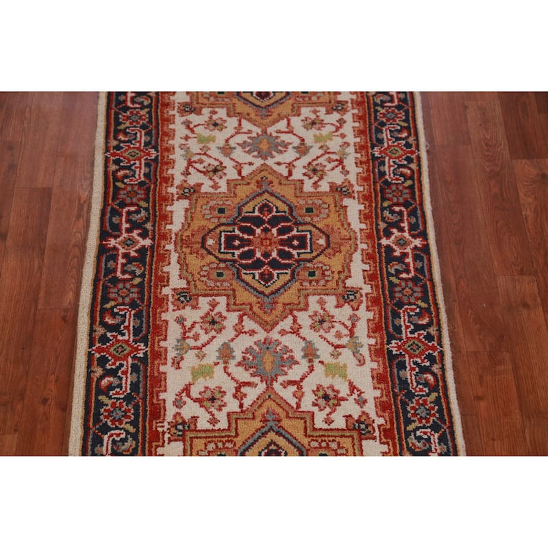 Hand Knotted Oriental 100% Wool Carpet Traditional Geometric Beige & Ivories Heriz (serapi) Runner Rug - 8' 0'' X 2' 5''