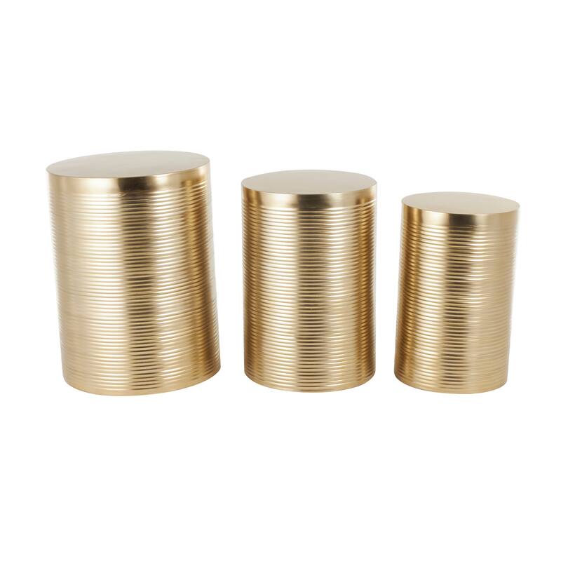Gold or Silver Metal Metallic Ribbed Drum Accent Table (Set of 3)