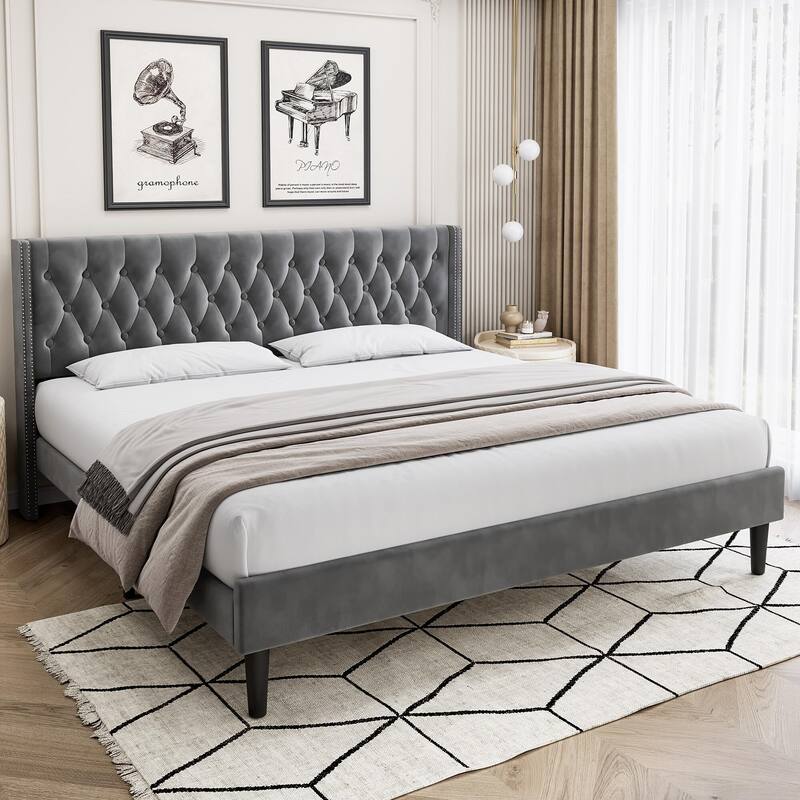 Upholstered Bed Frame with Velvet Headboard Wingback