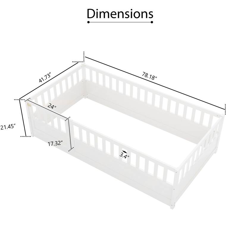 Twin/Full Size Montessori Floor Bed with High Guardrails and Door, Solid Wood Frame