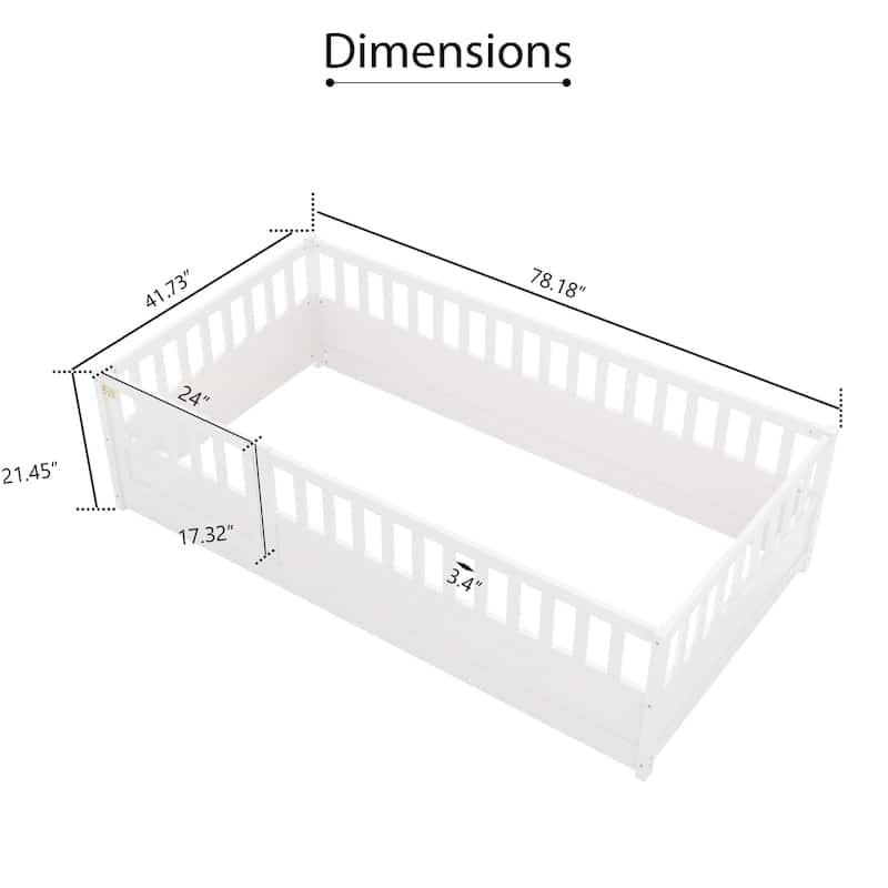 White Twin Size Pine Wood Floor Bed with High Security Barrier